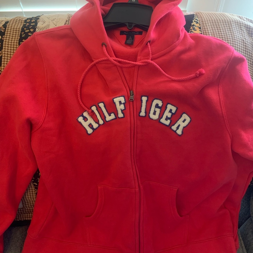 Tommy Hilfiger red front zip hoodie size XL/TG/XG  cotton polyester.